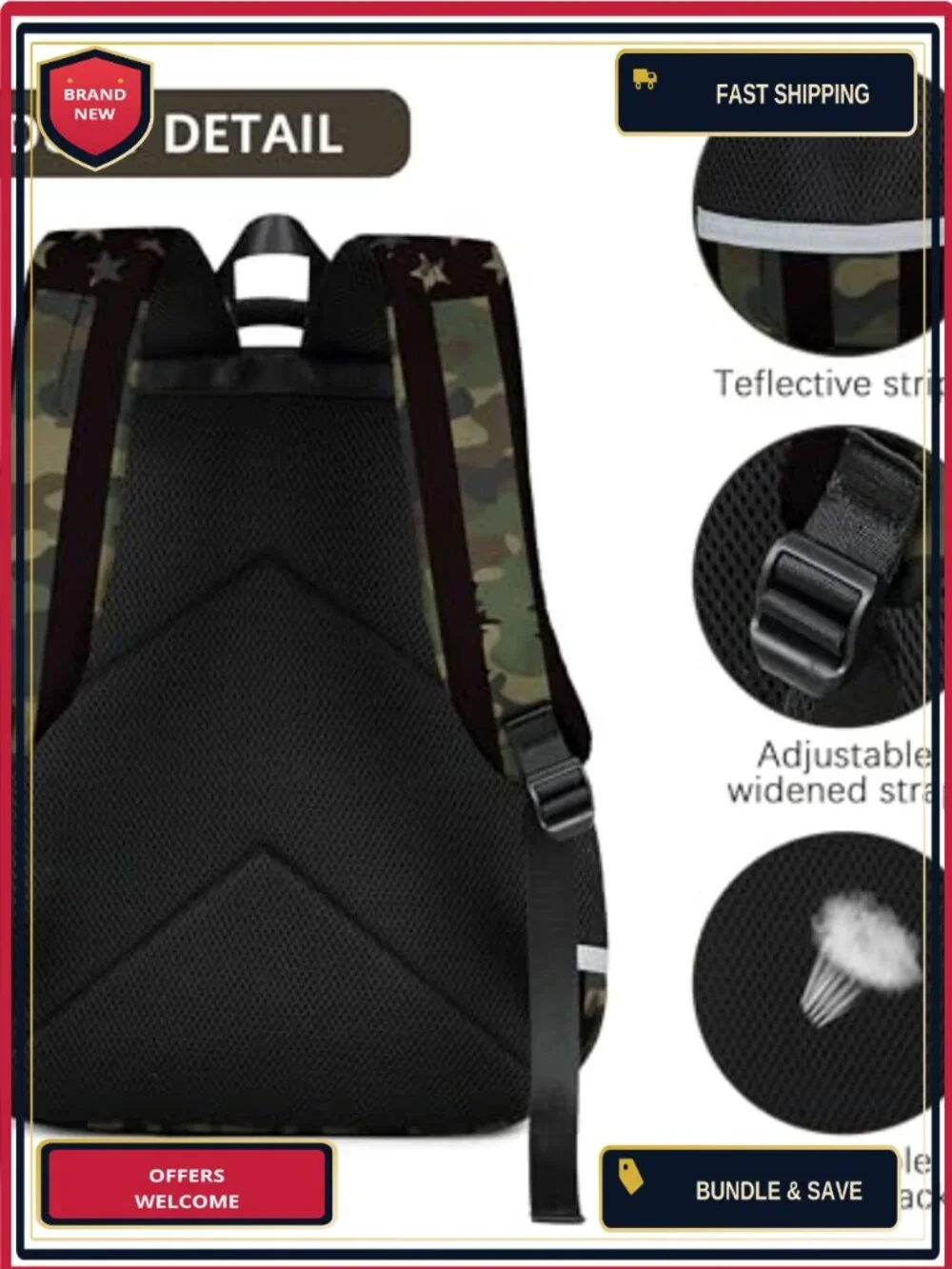 American Flag Camo Deer Boys Backpack Waterproof School Daypack Laptop Pocket